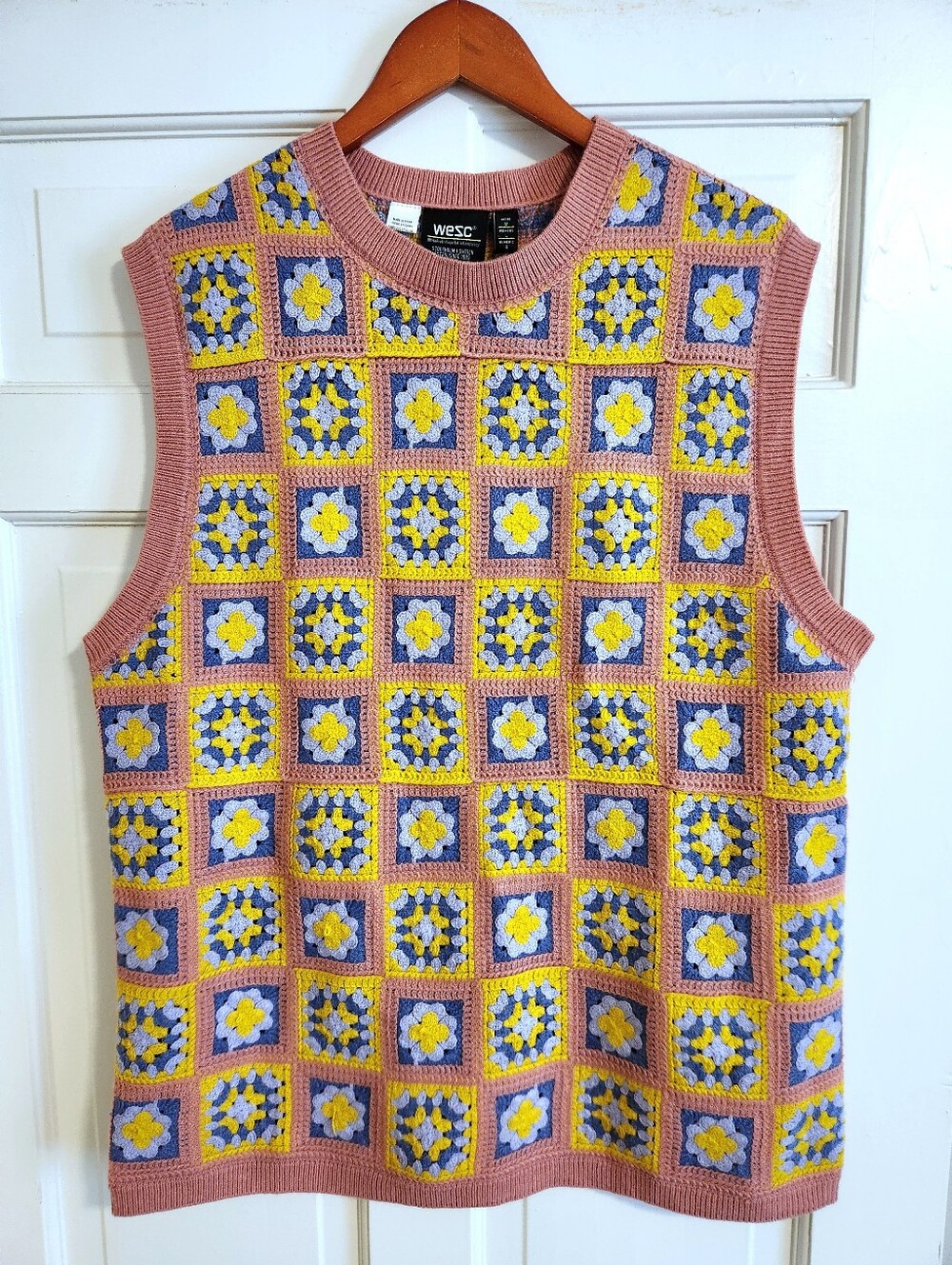🆕️ 🌼UNISEX WeSC🌼 - Pink/Yellow Floral Patchwork Crochet Knit Sweater Vest